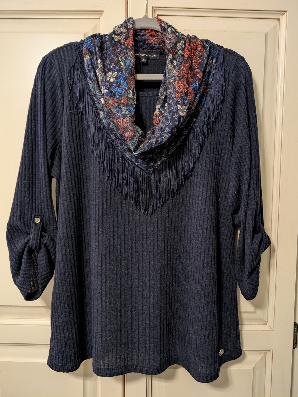 Adrienne Vittadini Navy Ribbed Sweater with Detachable Floral Fringe Scarf